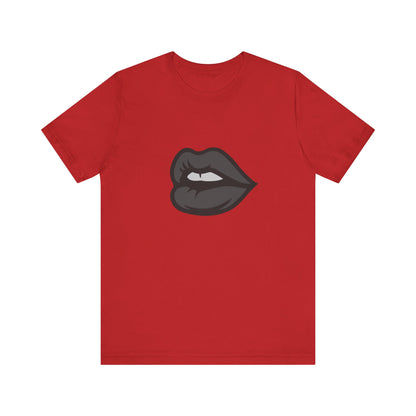 Dark Lips Graphic T-Shirt – Dark Theme Grayscale Biting Lip Design on Black Tee with Subtle Seduction and Modern Ghost Effect. Unisex Jersey Short Sleeve Tee