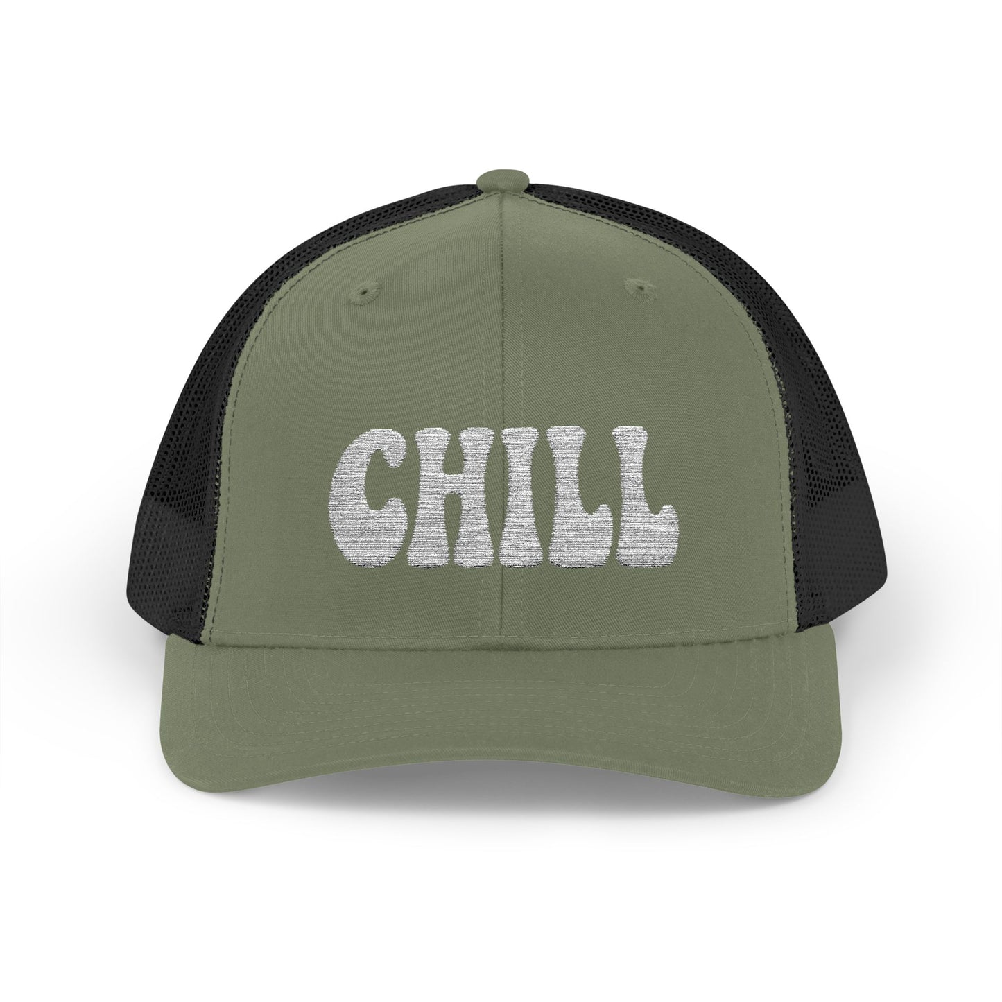 Chill Trucker Hat – Embroidered Relaxed Script Hat for Easygoing Vibes and Everyday Cool. White Letters