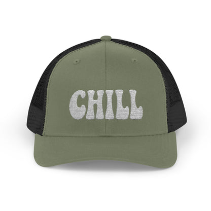 Chill Trucker Hat – Embroidered Relaxed Script Hat for Easygoing Vibes and Everyday Cool. White Letters