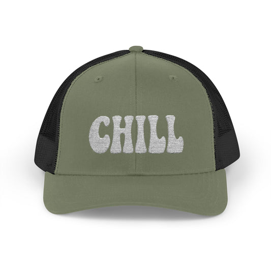 Chill Trucker Hat – Embroidered Relaxed Script Hat for Easygoing Vibes and Everyday Cool. White Letters