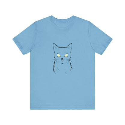Ghost Cat Eyes Tee – Dark Theme Black Cat Outline with Transparent Face and Glowing Stare. Unisex Jersey Short Sleeve Tee
