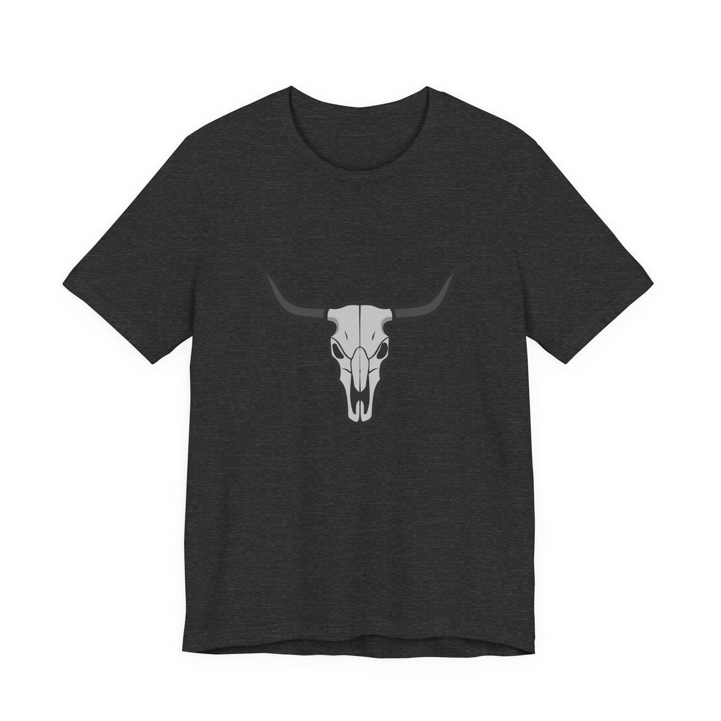 Dark Theme Steer Skull Shirt – Western Cow Skull Graphic in Grey and Black for Desert Gothic Vibes. Unisex Jersey Short Sleeve Tee