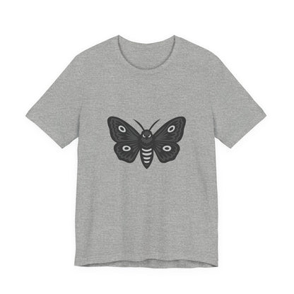 Moth Graphic T-Shirt – Dark Theme Grayscale Winged Insect Design on Black Tee with Gothic Mood and Subtle Modern Ghost Effect. Unisex Jersey Short Sleeve Tee