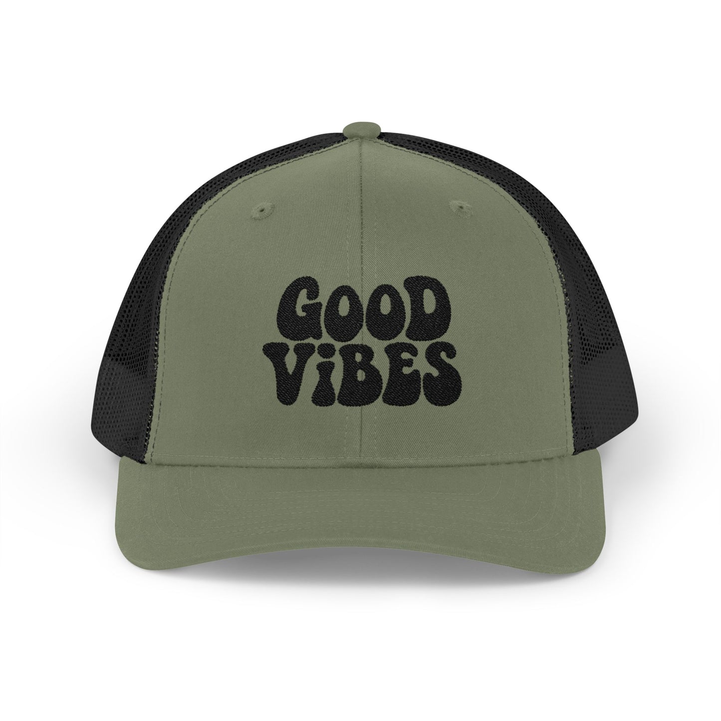 Good Vibes Trucker Hat – Embroidered Retro Text Hat for Positive Vibes, Chill Style, and Everyday Feel-Good Energy. Black Letters