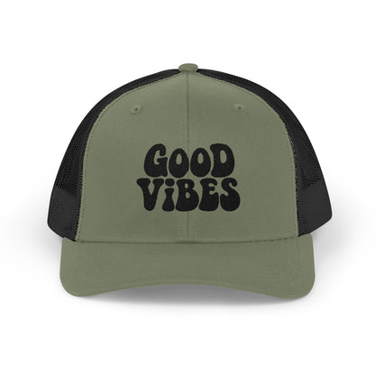Good Vibes Trucker Hat – Embroidered Retro Text Hat for Positive Vibes, Chill Style, and Everyday Feel-Good Energy. Black Letters