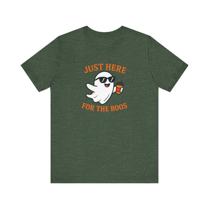 Just Here for the Boos Halloween Shirt – Funny Ghost Drinking Coffee Graphic Tee for Spooky Season