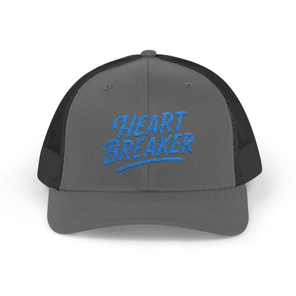 Heartbreaker Trucker Hat – Bold Baseball Hat with Retro Script and Broken Heart Design for Confident Rule-Breakers. Blue Letters