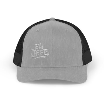 El Jefe Trucker Hat – Embroidered Bold Text Hat for Boss Energy, Leadership Style, and Latin Flair. White Letters