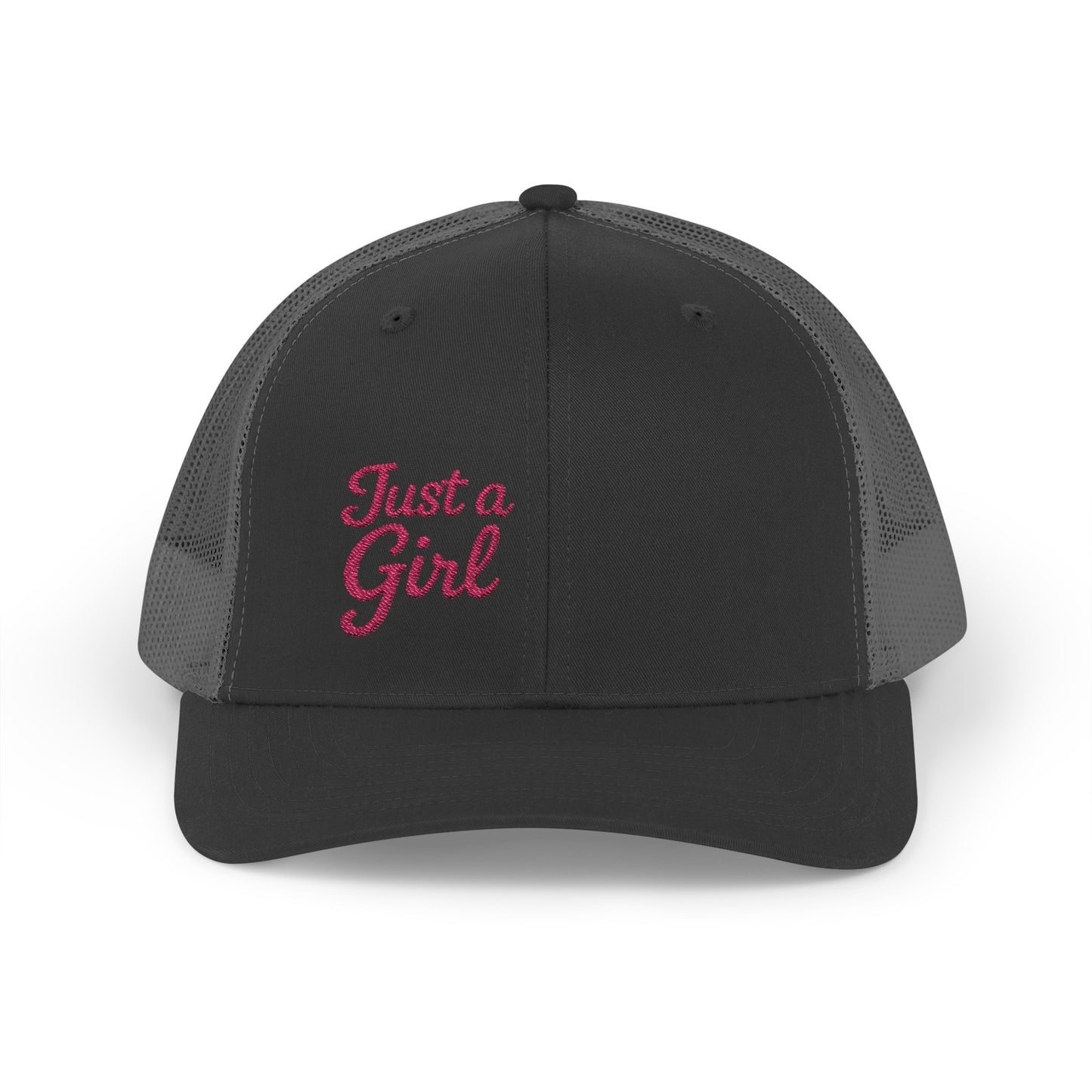 Just a Girl Trucker Hat – Minimalist Script Hat with Bold Feminine Energy and Classic Style. Pink Letters