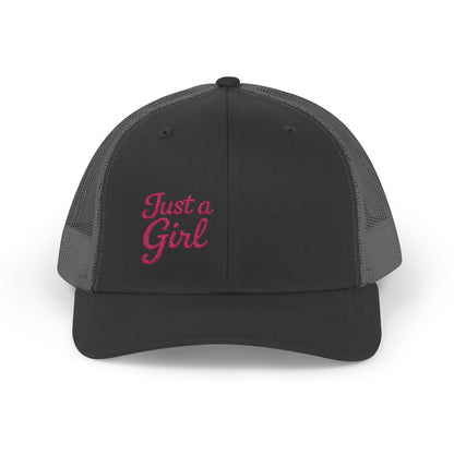 Just a Girl Trucker Hat – Minimalist Script Hat with Bold Feminine Energy and Classic Style. Pink Letters