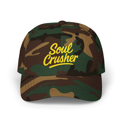 Soul Crusher Embroidered Classic Dad Hat – Clean Script Baseball Hat with Bold Edge for Heartbreakers, Villains, and Power Moves. Yellow Letters