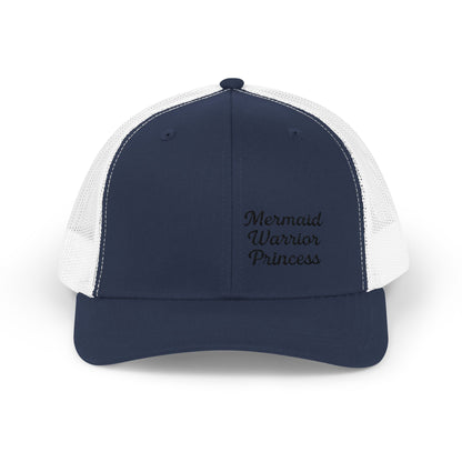 Mermaid Warrior Princess Trucker Hat – Embroidered Bold Text Hat for Magical Queens. Black Letters
