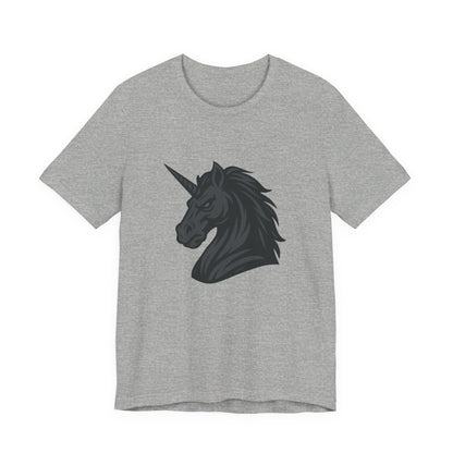 Dark Unicorn Profile T-Shirt – Dark Theme Grayscale Fierce Mythical Horse Design on Black Tee with Gothic Magic and Modern Ghost Effect. Unisex Jersey Short Sleeve Tee