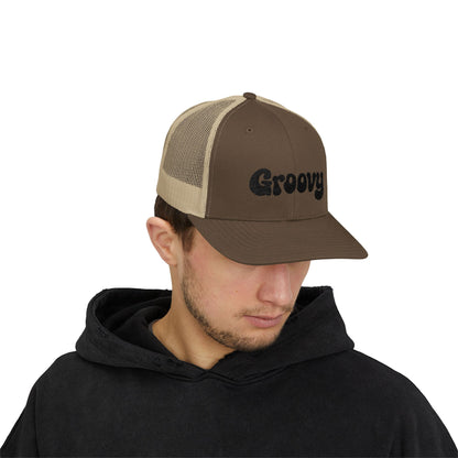 Groovy Trucker Hat – Retro Embroidered Hat with 70s Style Font for Funky Vibes, Chill Days, and Vintage Cool. Black Letters