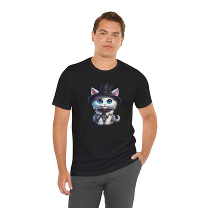 Adorable Witch Cat Halloween Shirt – Cute White Cat in Hat Graphic Tee for Cat Lovers and Halloween Fans