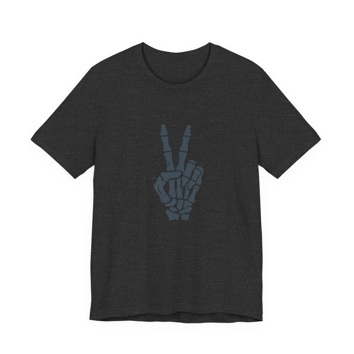 Skeleton Peace Hand Graphic T-Shirt – Gritty Dark Theme Grayscale Bones on Black Tee with Rebellious Calm and Modern Ghost Effect. Unisex Jersey Short Sleeve Tee