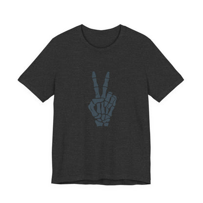 Skeleton Peace Hand Graphic T-Shirt – Gritty Dark Theme Grayscale Bones on Black Tee with Rebellious Calm and Modern Ghost Effect. Unisex Jersey Short Sleeve Tee