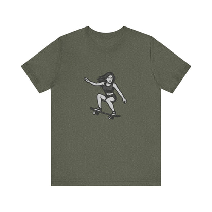Skater Girl Graphic T-Shirt – Dark Theme Grayscale Skateboarding Design on Black Tee with Bold Motion and Modern Ghost Effect. Unisex Jersey Short Sleeve Tee