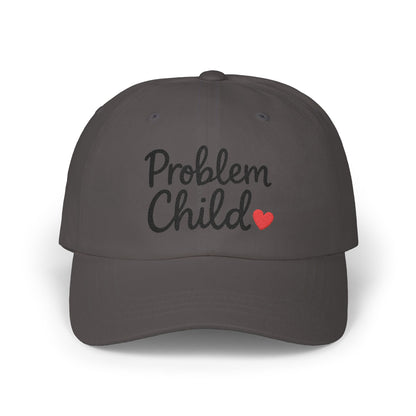 Problem Child Embroidered Classic Dad Hat – Bold Script Baseball Hat with Red Heart for the Unruly and Unapologetic. Black Letters