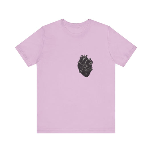 Heart in Chains Shirt – Dark Theme Anatomical Heart Wrapped in Barbed Wire and Commitment Issues. Unisex Jersey Short Sleeve Tee