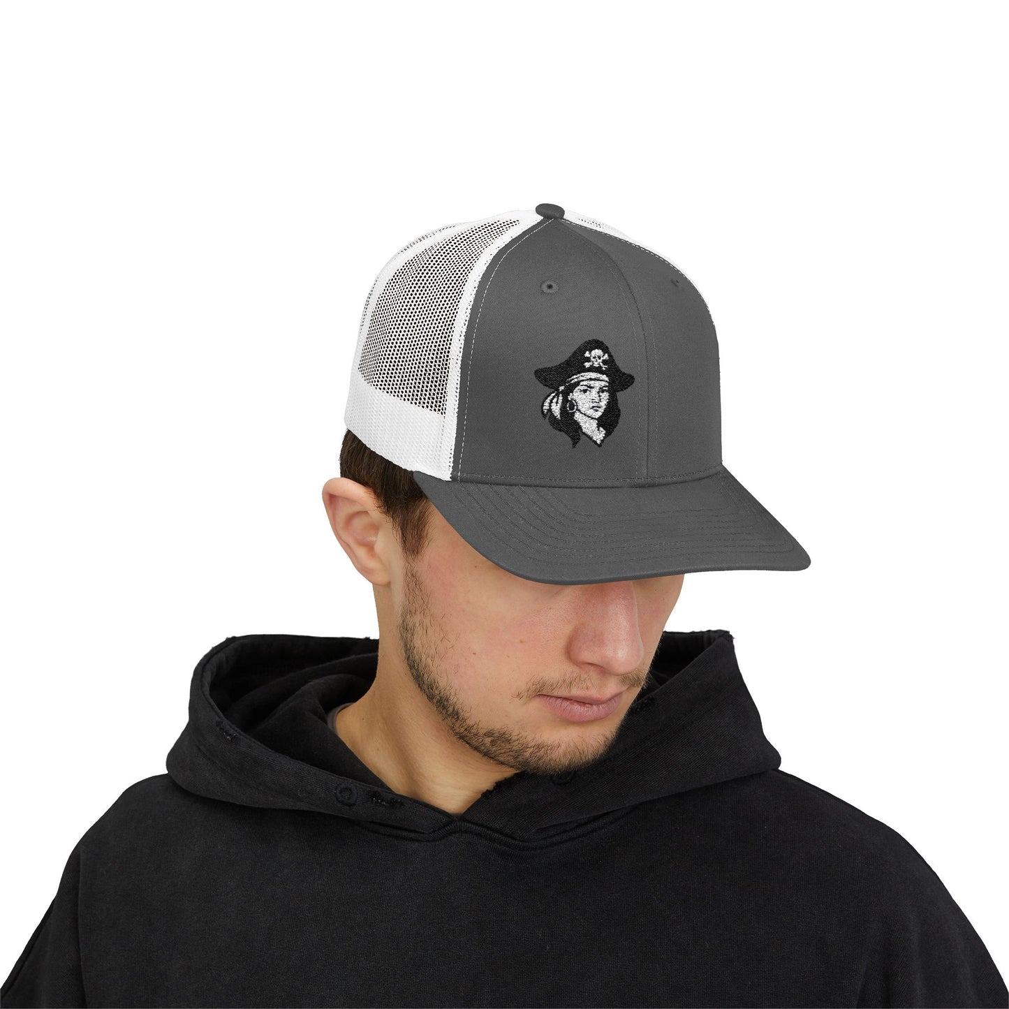 Hot Pirate Girl Trucker Hat – Bold Skull and Crossbones Hat with Retro Attitude and Seafaring Sass