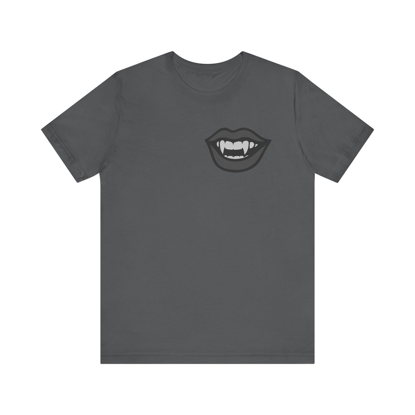 Vampire Mouth Graphic T-Shirt – Dark Theme Grayscale Fanged Lips on Black Tee with Gothic Bite and Modern Ghost Effect. Unisex Jersey Short Sleeve Tee