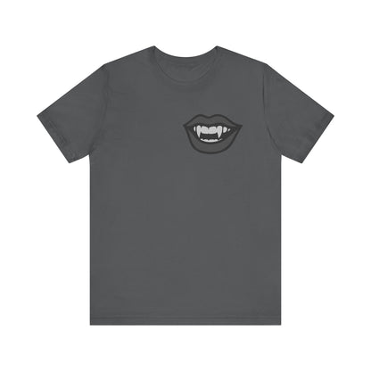 Vampire Mouth Graphic T-Shirt – Dark Theme Grayscale Fanged Lips on Black Tee with Gothic Bite and Modern Ghost Effect. Unisex Jersey Short Sleeve Tee