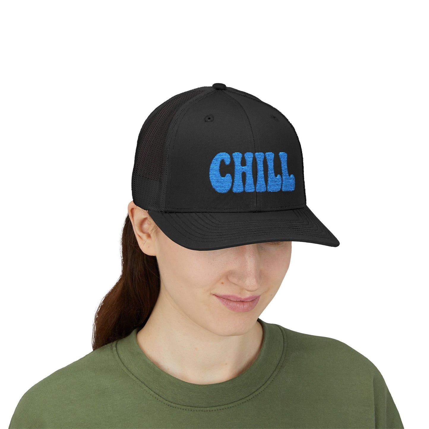 Chill Trucker Hat – Embroidered Relaxed Script Hat for Easygoing Vibes and Everyday Cool. Blue Letters