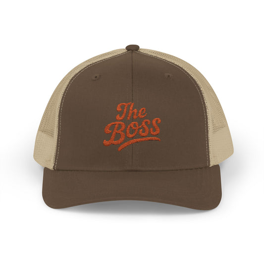 The Boss Trucker Hat – Embroidered Statement Hat for Power Moves Only. Orange Letters