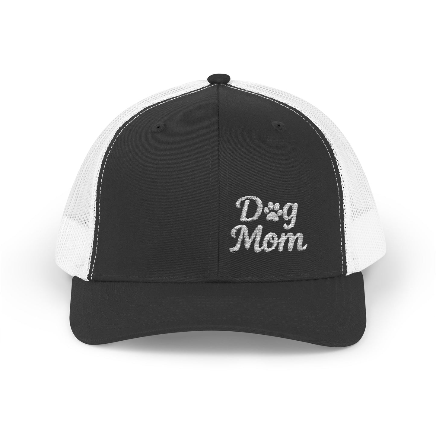 Dog Mom Trucker Hat – Embroidered Minimalist Dog Face Hat for Proud Pet Moms and Dog-Loving Style. White Letters