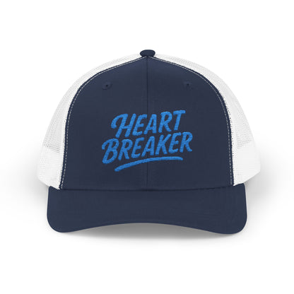 Heartbreaker Trucker Hat – Bold Baseball Hat with Retro Script and Broken Heart Design for Confident Rule-Breakers. Blue Letters