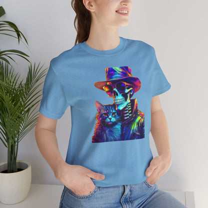 Cool Skeleton and Cat Halloween Shirt – Neon Retro Horror Graphic Tee for Spooky Style and Cat Lovers