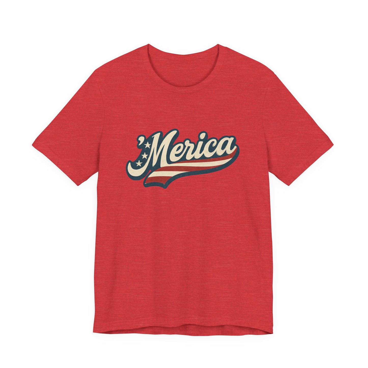 'Merica Vintage Script Shirt – Patriotic Retro USA Tee for 4th of July – Independence Day American Pride Design. Unisex Jersey Short Sleeve Tee