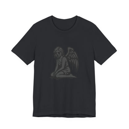 Fallen Angel Dark Theme Graphic T-Shirt – Dark Grayscale Crying Angel Design on Black Tee with Gothic Mood and Modern Ghost Effect. Unisex Jersey Short Sleeve Tee