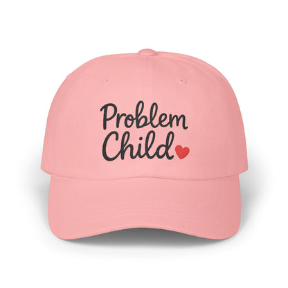 Problem Child Embroidered Classic Dad Hat – Bold Script Baseball Hat with Red Heart for the Unruly and Unapologetic. Black Letters