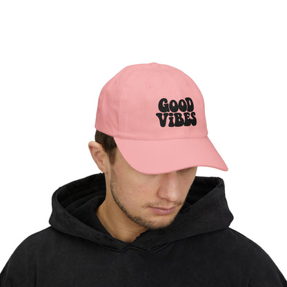 Good Vibes Classic Dad Hat – Embroidered Retro Text Hat for Positive Vibes, Chill Style, and Everyday Feel-Good Energy. Black Letters