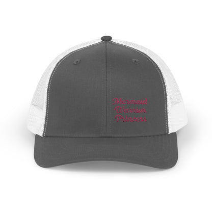 Mermaid Warrior Princess Trucker Hat – Embroidered Bold Text Hat for Magical Queens. Pink Letters