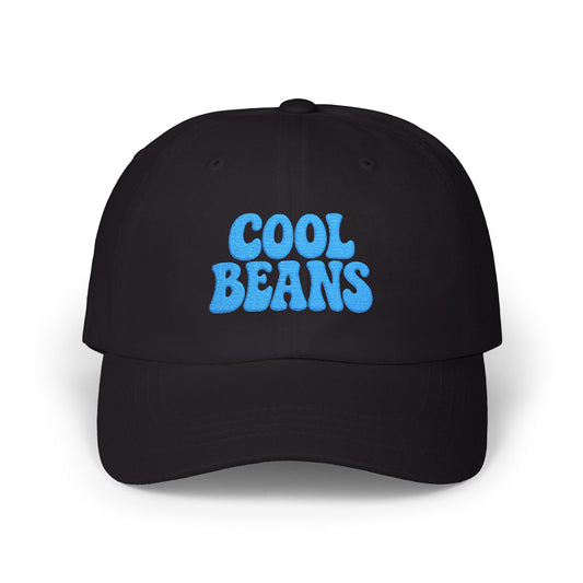 Cool Beans Classic Dad Hat – Embroidered Minimalist Text Hat for Chill Vibes and Quiet Comedy Fans. Blue Letters