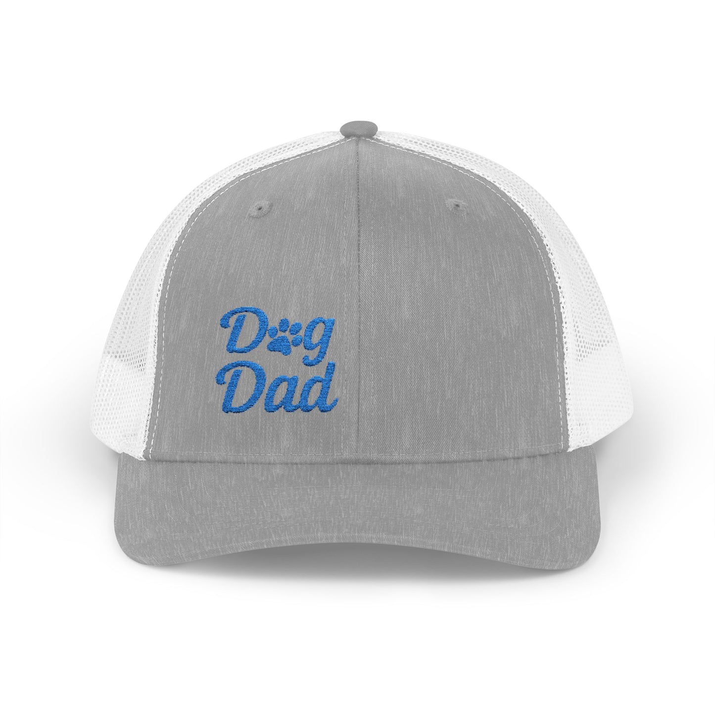 Dog Dad Trucker Hat – Embroidered Minimalist Dog Face Hat for Proud Pet Dads and Canine Companions. Blue Letters