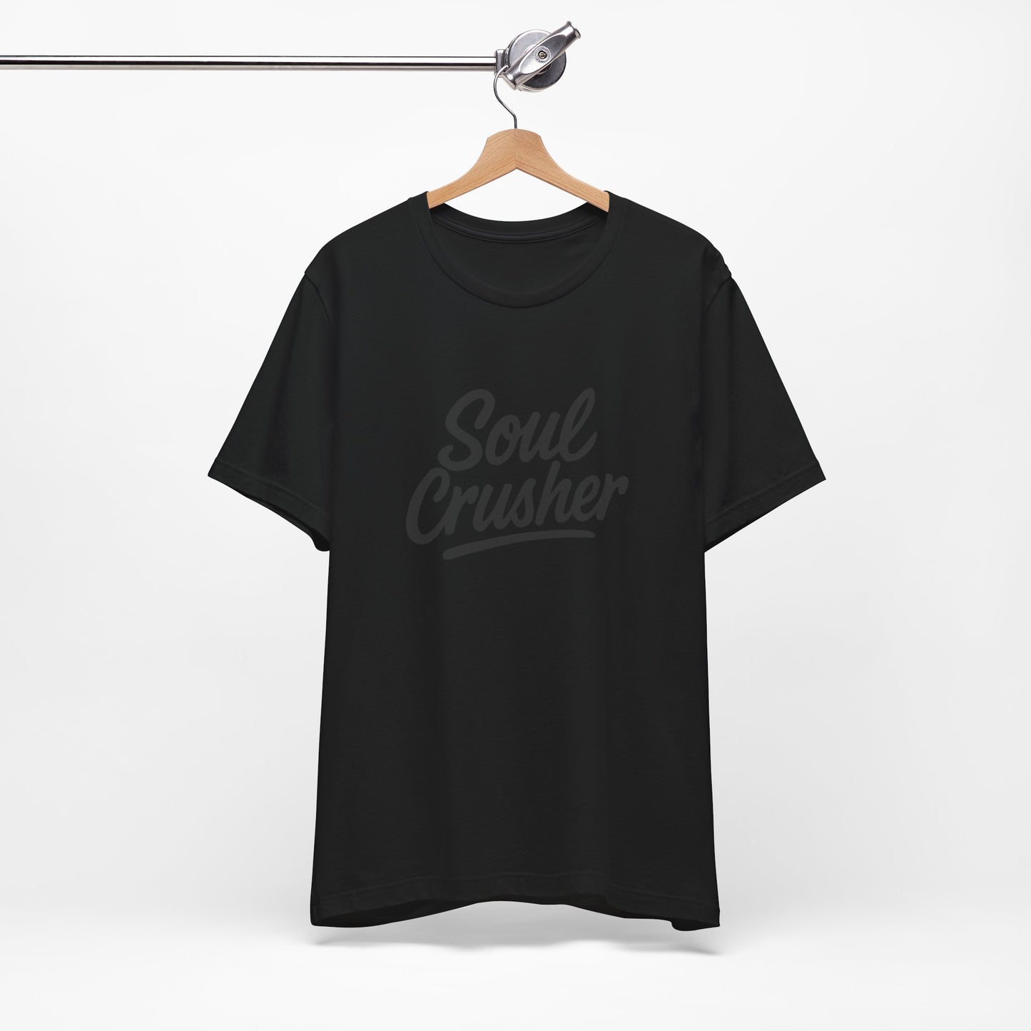 Soul Crusher Text T-Shirt – Dark Theme Grayscale Script Typography on Black Tee with Dark Energy and Modern Ghost Effect. Unisex Jersey Short Sleeve Tee