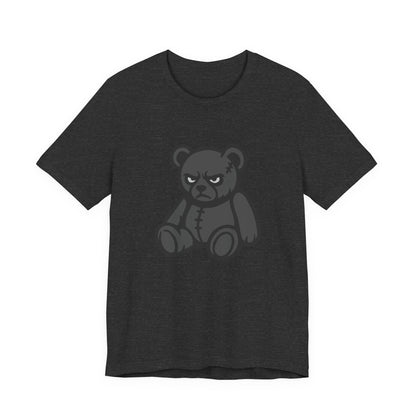 Angry Teddy Bear Graphic T-Shirt – Dark Theme Grayscale Plush with Attitude on Black Tee for Edgy or Ironic Style. Unisex Jersey Short Sleeve Tee