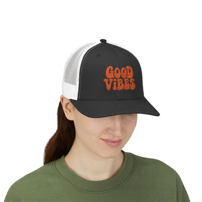 Good Vibes Trucker Hat – Embroidered Retro Text Hat for Positive Vibes, Chill Style, and Everyday Feel-Good Energy. Orange Letters
