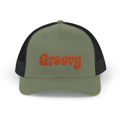 Groovy Trucker Hat – Retro Embroidered Hat with 70s Style Font for Funky Vibes, Chill Days, and Vintage Cool. Orange Letters