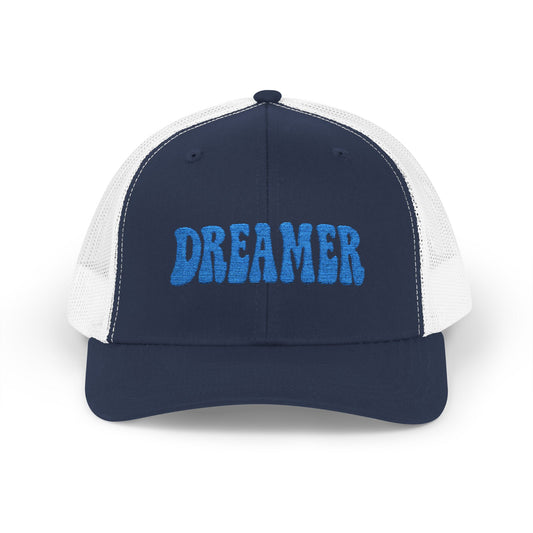 Dreamer Trucker Hat – Embroidered Minimalist Script Hat for Visionaries, Creatives, and Chill Daydreamers. Blue Letters