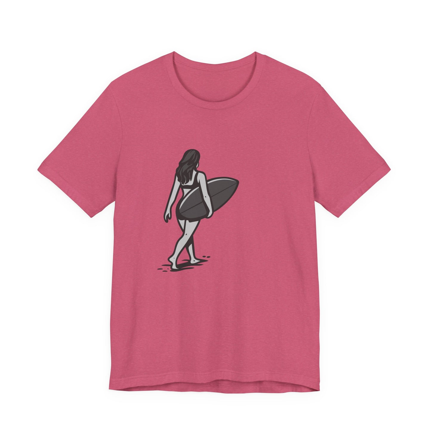 Surfer Girl Walking Graphic T-Shirt – Dark Theme Grayscale Beach Scene on Black Tee with Coastal Calm and Modern Ghost Effect. Unisex Jersey Short Sleeve Tee