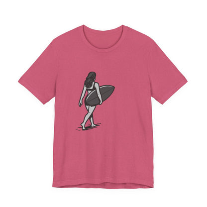 Surfer Girl Walking Graphic T-Shirt – Dark Theme Grayscale Beach Scene on Black Tee with Coastal Calm and Modern Ghost Effect. Unisex Jersey Short Sleeve Tee