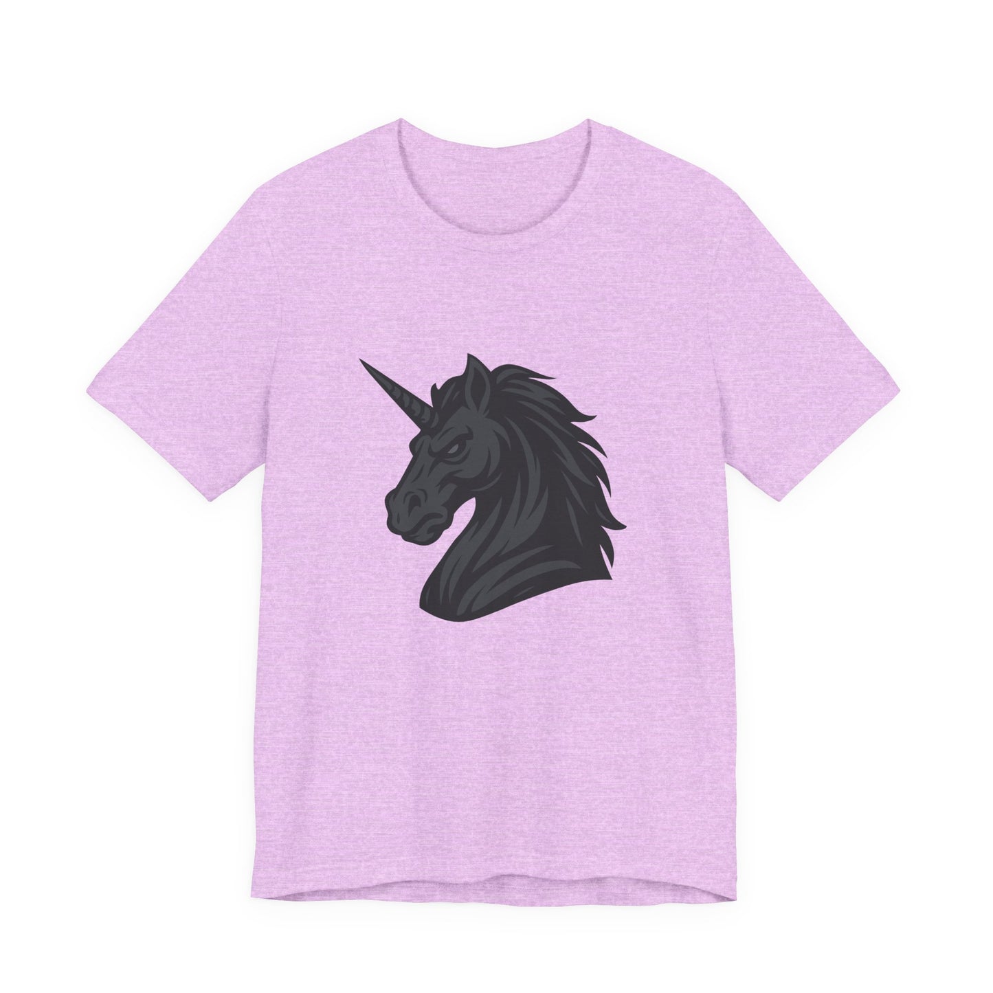 Dark Unicorn Profile T-Shirt – Dark Theme Grayscale Fierce Mythical Horse Design on Black Tee with Gothic Magic and Modern Ghost Effect. Unisex Jersey Short Sleeve Tee