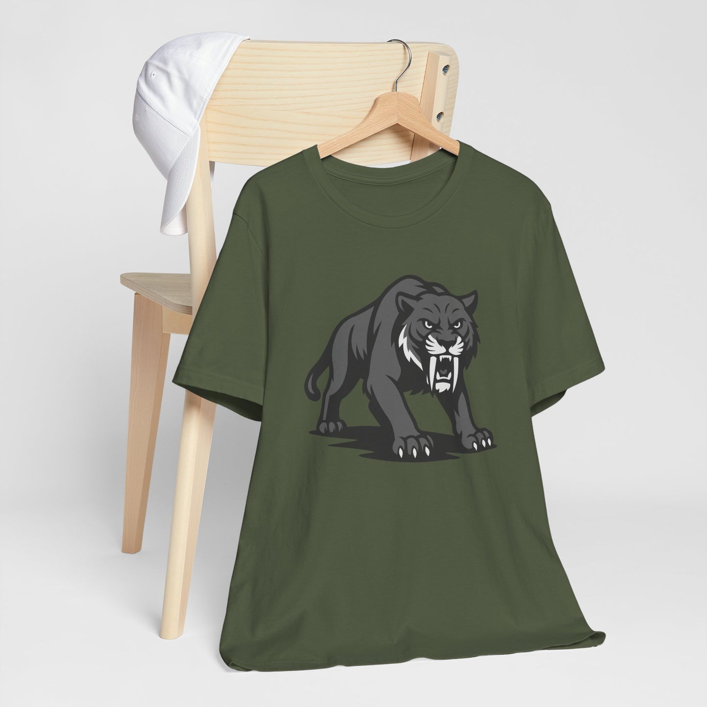 Saber-Tooth Tiger Graphic Tee Dark Theme – Fierce Prehistoric Vector Design with Modern Edge