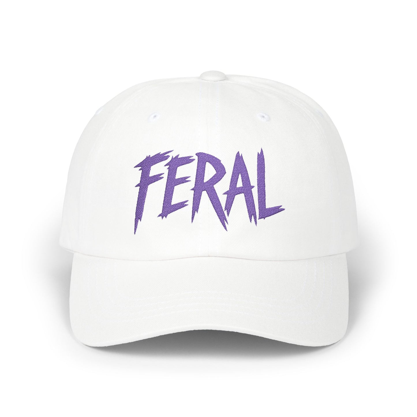 FERAL Embroidered Classic Dad Hat – Bold Statement Baseball Hat with Wild Energy Font for Rebels, Misfits, and Chaos Enthusiasts. Purple Letters