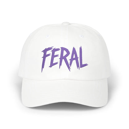 FERAL Embroidered Classic Dad Hat – Bold Statement Baseball Hat with Wild Energy Font for Rebels, Misfits, and Chaos Enthusiasts. Purple Letters